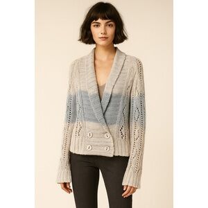 MaxMara Weekend Cotton Flax Colorblock Striped Cable Knit Sweater Cardigan Large